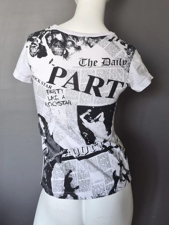 White & Black Graphic Newspaper Print Short Sleeve Tee - Picture 2 of 4